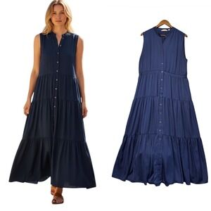 Soft Surroundings Womens Size XL Maxi Dress Tiered Sleeveless Button Front Blue